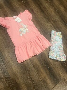 Girls Pink Bunny Peplum Top & Floral Ruffle Pants Matching Set